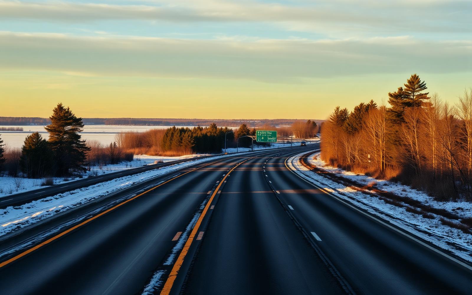 A Minnesota highway in early winter at golden hour with light snow and a frozen lake in the distance